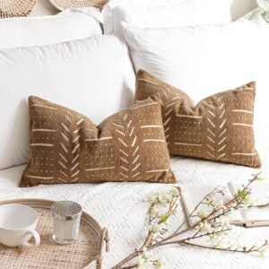 BlissBlush Decorative Lumbar Throw Pillow Covers 12X20 Set of 2, Brown Boho Farmhouse Cushion Cover, Soft Accent Pillowcase for Couch Sofa Bed Living Room Home Décor