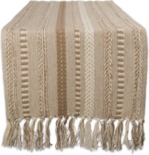 DII Farmhouse Braided Stripe Table Runner Collection, 15×72 (15×77, Fringe Included), Stone