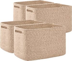 OIAHOMY 4 Pack Storage Baskets for Organizing, Cube Storage Bins for Shelves, Rectangle Storage Baskets With Handles, Woven Baskets for Storage, 12.7”Lx9”Wx7.8”H, Mixed Brown