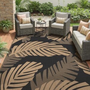 GENIMO Waterproof Outdoor Rug 5′ x 8′ for Patio Decor, Reversible Plastic Straw Area Rugs for Camping Clearance, RV Mat, Large Outside Carpet for Porch, Deck, Picni, Balcony, Garden, Black & Brown
