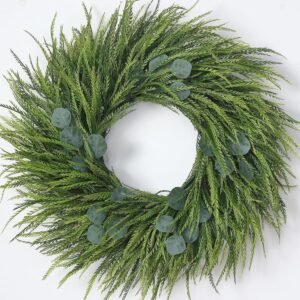 26″ Artificial Saw Grass Wreath for Front Door, Lifelike Faux Saw Grass Wreath with Fake Eucalyptus Spring Summer Greenery for Wall Window Fireplace Farmhouse Home Outside Decoration