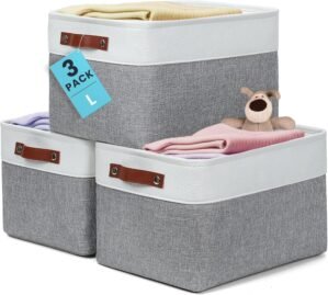 OrganiHaus 15x11in Canvas Storage Baskets 3 Pack | LARGE Fabric Bins for Shelves | Closet & Bedroom Storage | Gray/Off-White