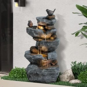 5-Tiers Cascading Rock Water Fountain Outdoor – Waterfalls Fountains with LED Lights, Outdoor/Indoor Resin Water Feature Fountain for Patio, Garden, Backyard, Deck, Porch, Home Docor