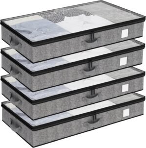 Fixwal Under Bed Storage Containers 4 Pack, Reinforced Underbed Organizer Below 4.5 Inches Low Profile Clothes Storage Bins with Sturdy Sidewalls and Bottom