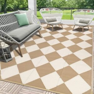 HEBE Checkered Outdoor Rug Waterproof 5×8, Reversible Plastic Straw Rug RV Camping Rug, Indoor Outdoor Patio Mat Clearance, Outside Carpet for Porch,Deck,Camper,Balcony,Backyard,Picnic