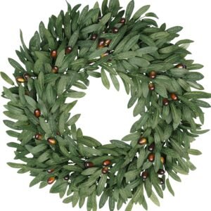 Olive Eucalyptus Wreaths for Front Door 22 Inch, Artificial Waterproof Green Olive Branch Wreath with Berry for Home Outdoor Indoor Farmhouse Window Spring Summer All Seasons