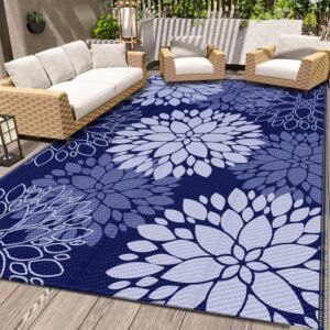 LuxStep Outdoor Rug Waterproof Outdoor Plastic Straw Rug Reversible Patio Rug Mat Outdoor Decor Large Area Mats for RV, Picnic, Backyard, Deck, Balcony, Porch, Beach, Camping, 5′ x 8′ Blue