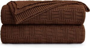 Large Dark Brown Cotton Knit Throw Blanket for Couch Sofa Bed – Home Decorative Soft Cozy Sweater Woven Fall Cable Knitted Blankets – 3.4 pounds 60 x 80 Inch