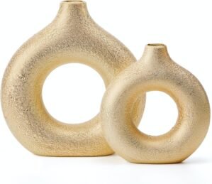Modern Donut-Shaped Decorative Vases, Handmade Minimalist Boho ins Style, Modern Vase for Home Decor for Wedding Dinner Table Party Living Room Office Bedroom (Gold, Large + Small)