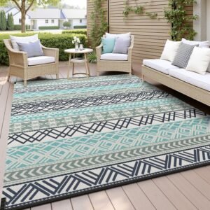 MontVoo Outdoor Rug Carpet Waterproof-Patio Rug Mat 5×8 Reversible RV Outdoor Camping Rugs Picnic Beach Mats Plastic Straw Outside Rugs for Balcony Porch Pool Deck Boho Patio Decor