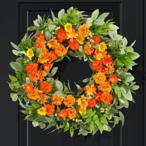 24 Inch Summer Wreaths for Front Door with Carnations, Daisies and Eucalyptus – Artificial Spring Summer Front Door Wreath for Farmhouse, Porch, Window, Wedding, Celebration, Indoor Outdoor Home Decor