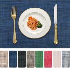 Vinyl Placemats Set of 4, PVC Woven Washable Non-Slip Table Mats, Heat Resistant Wrinkle Free Place Mats for Dining Table, Easy to Clean (4, Navy Blue)