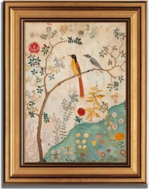 Gold Framed Vintage Floral Bird Canvas Wall Art Boho Plant Flower Sparrow Painting Decor Pictures Beige Medieval Nature Aesthetic Bedroom Living Posters Prints for Corridor Kitchen Room Decoration