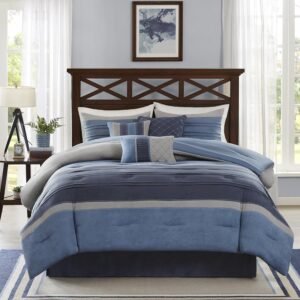 Madison Park Cozy Comforter Set Casual Modern Design – All Season Bedding, Matching Bed Skirt, Decorative Pillows, Collins, Suede Blue Grey King(104″x92″) 7 Piece