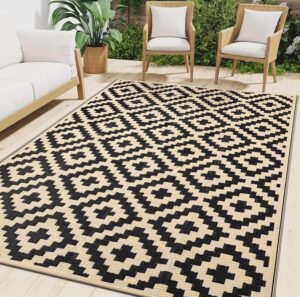 Smiry Waterproof Outdoor Rug 5×8 ft, Reversible Plastic Straw Patio Camping Rugs, Outdoor Indoor RV Mat Carpet for Patio, Outside Entry, Backyard, Deck, Bench, Picnic, Camper, Black & Beige