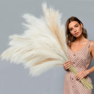 Ouddy Decor 8 Pcs Faux Pampas Grass Decor 38”/97cm Tall Artificial Large Pompous Pompas Floral Fluffy Fake Plants Floor Vase Filler for Wedding Kitchen Home Boho Decorations, Mixed Beige