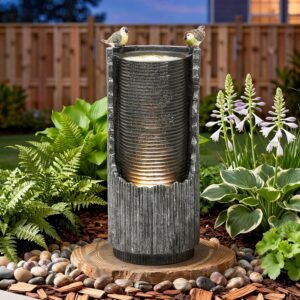 32″ H Rustic Cracked Jar Water Fountain Outdoor with LED Lights, Polyresin Freestanding Waterfall Feature, Decorative Bird Accents, Tranquil Oasis for Garden, Patio, Yard, or Porch