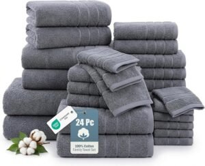 24-Piece Premium Towel Sets for Bathroom – 100% Cotton Bath Towels, 2 Bath Sheet, 2 Gym Towels, 2 Bath, 4 Fingertip, 6 Hand, 8 Washcloth, Hotel & Spa-Quality Design, Soft, Easy to Wash – Cool Grey