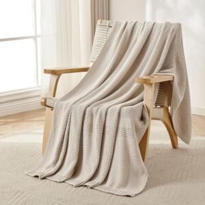 Joydeco Chunky Cable Knit Throw Blanket, Lightweight 100% Organic Cotton Soft Cozy Throw Twin Blanket for Couch Bed and Sofa, Rustic Breathable Farmhouse Blanket Gift for Women Men(Beige, 51″x63″)