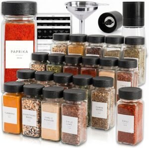 SAVVY & SORTED Glass Spice Jars with Label 24 PK – 4 Oz Spice Containers with 374 Minimalist Preprinted Labels Stickers, Pepper Grinder Funnel Shaker Lids, Empty Seasoning Containers Bottles