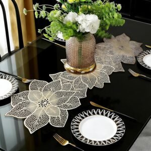 FAVE Gold Table Runner 36 Inches Flower Shaped Dining Table Runner Waterproof Washable for Wedding Banquets Birthday Party Restaurant Decor and Daily Ues(Gold Flower Shaped)