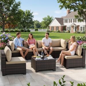 LEVELEVE 7-Piece Outdoor Patio Furniture Sets, Manual Weaving Rattan Conversation Sectional Sofa with Tempered Glass Coffee Table, All-Weather PE Wicker & Thick Cushions for Garden, Backyard, Porch