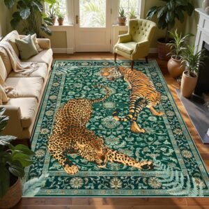 Joydeco Tiger Print 5×7 Washable Rug for Living Room, Boho Green Cheetah Bedroom Area Rug Non Slip, Vintage Ultra Thin Soft Indoor Throw Floor Carpet for Office Dining Room Playroom