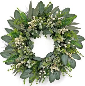 24 Inch Greenery Wreaths for Front Door – Artificial Eucalyptus Wreath with White Berries and Mixed Green Leaves, Year-Round Farmhouse Indoor Outdoor Door Wreath for Spring Summer Home Decor