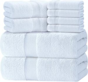 Luxury White Bath Towel Set of 8 Pieces – 100% Turkish Cotton 700 GSM Highly Absorbent Towels for Bathroom, 2 Bath Towels, 2 Hand Towels, 4 Washcloths