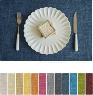 Softalker Faux Linen Placemats Set of 4-12 x 18 Inch, Heat Resistant Double Layered Durable Burlap Farmhouse Place Mats, Non-Slip Washable Rustic Table Mats for Dining, Kitchen, Party（Navy Blue