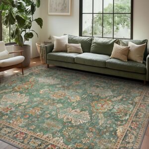 Bavni Washable Area Rugs 8×10 Green Boho Rug Tumble Vintage Large Carpet for Living Room Bedroom Dining Room, Non Slip Thin Low Pile Chenille, Dark Sage/Gold