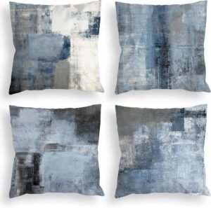 Blue Throw Pillow Covers 18×18 Set of 4 Decorative Cushion Cover Grey Abstract Art Painting Pillowcase for Sofa Bedroom Living Room Décor