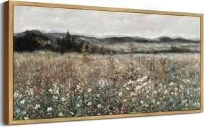 SHENIFY Vintage Landscape Framed Wall Art Meadow Flowers Farmhouse Decor Retro Classic Painting for Kitchen Bedroom Living Room Bathroom – 8x16in Natural Framed