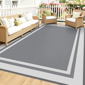 Mattitude Outdoor Rug Reversible Portable Plastic Straw Camping Rugs for Outside RV,Large Waterproof Outdoor Area Rugs for Patio,Deck,Porch,Balcony(5’x 8′,White&Gray)