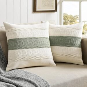 ZeeMart 2 Packs Cotton Boho Throw Pillow Covers 18×18 Inch Contrast Green, Soft Farmhouse Decorative Couch Pillow Cases Sage Green Cushion Covers for Sofa Bed Living Room Home Decor