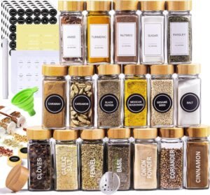 Glass Spice Jars with Label Set, Bamboo Lids & Funnel – Kitchen Airtight Storage Jars with Lids – Spices and Seasonings Sets Organizer, Spice Glass Jar with Lid Food Canister Bottle Sugar Shaker