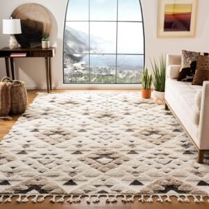SAFAVIEH Moroccan Tassel Shag Collection Area Rug – 3′ Square, Ivory & Brown, Non-Shedding & Easy to Clean, Plush High-Low Texture, Ideal for Living Room, Bedroom, Dining Space (MTS688A)