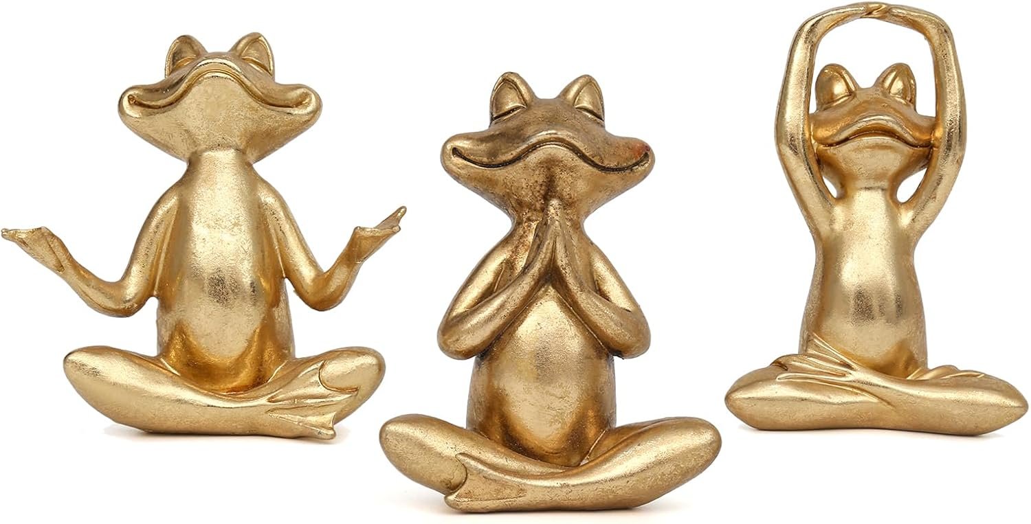 Gold Frog Figurines Yoga Decor 3.7in Set of 3-Frog Yoga Statues for Living Room Desk Table Home Office Bookshelf Shelves Spiritual Gifts Modern Home Decor