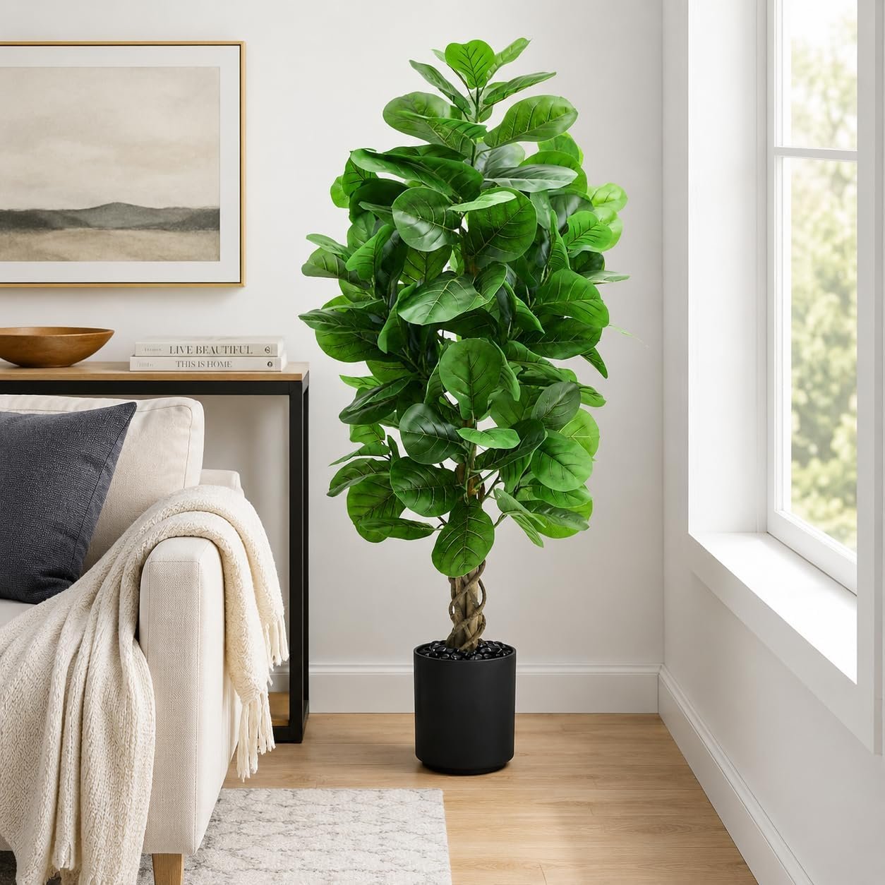 Artificial Fiddle Leaf Fig Tree 5FT, Large Fake Tree in Black Pot, Artificial Plants Indoor with Pebble, Realistic Green Lush Faux Fig Trees Lyrata Plants for Home Office Room Porch Decor
