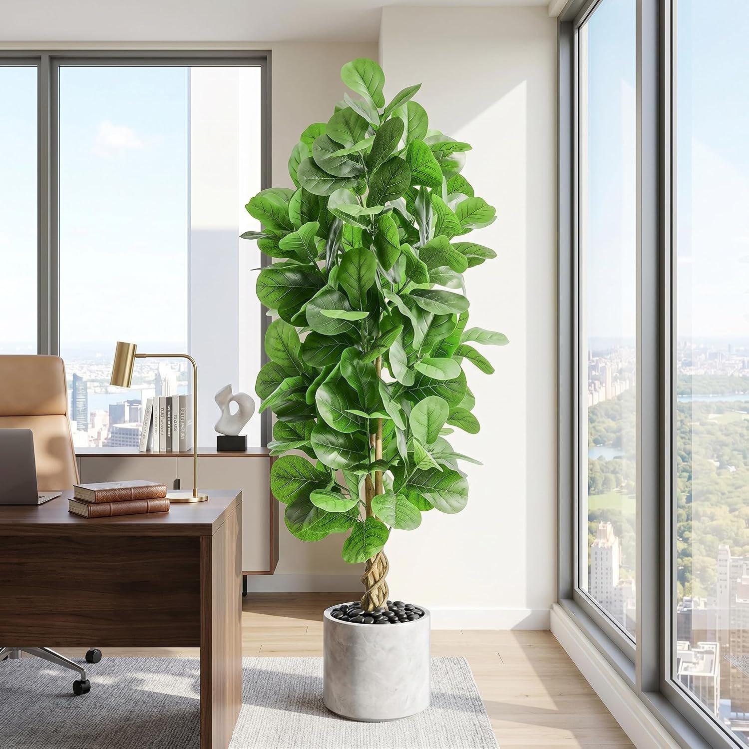 Artificial Fiddle Leaf Fig Tree 6FT, Large Fake Tree in Black Pot, Artificial Plants Indoor with Pebble, Realistic Green Lush Faux Fig Trees Lyrata Plants for Home Office Room Porch Decor