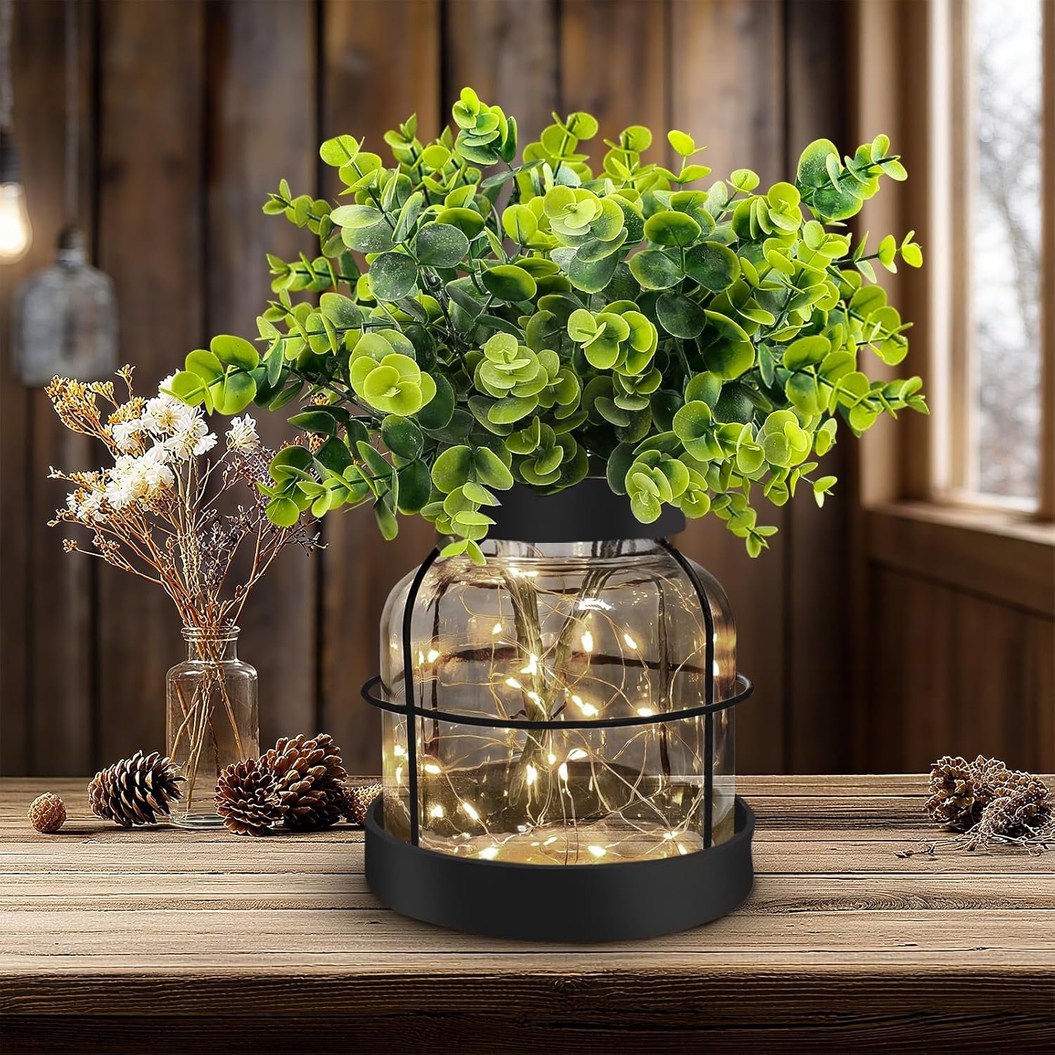 Rustic Farmhouse Glass Vases with Green Artificial Eucalyptus Plants & Lights Primitive Vintage Lantern Home Decor Centerpiece for Counter Coffee Table Shelf Office Dining Room Kitchen Bathroom,Black