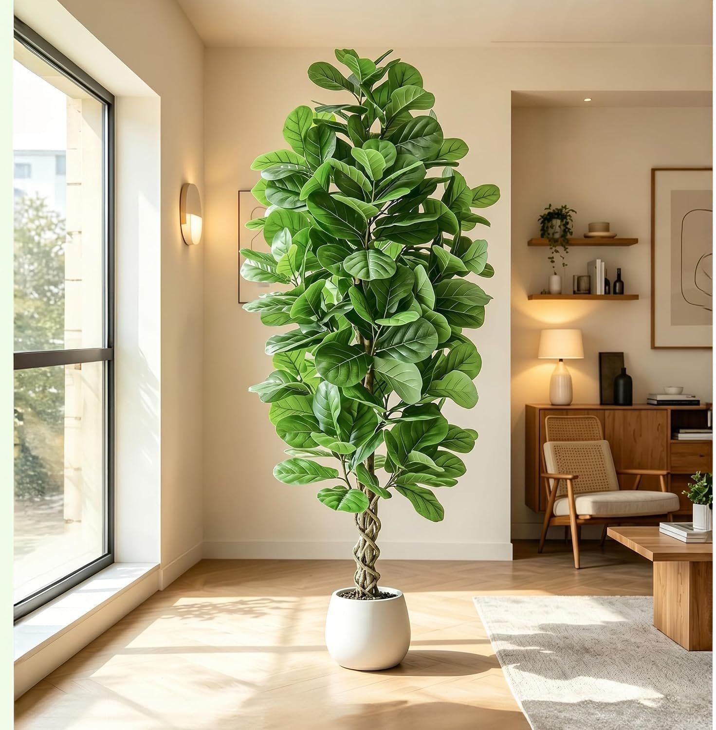 Artificial Fiddle Leaf Fig Tree 7FT, Large Fake Tree in White Pot, Artificial Plants Indoor with Pebble, Realistic Green Lush Faux Fig Trees Lyrata Plants for Home Office Room Porch Decor