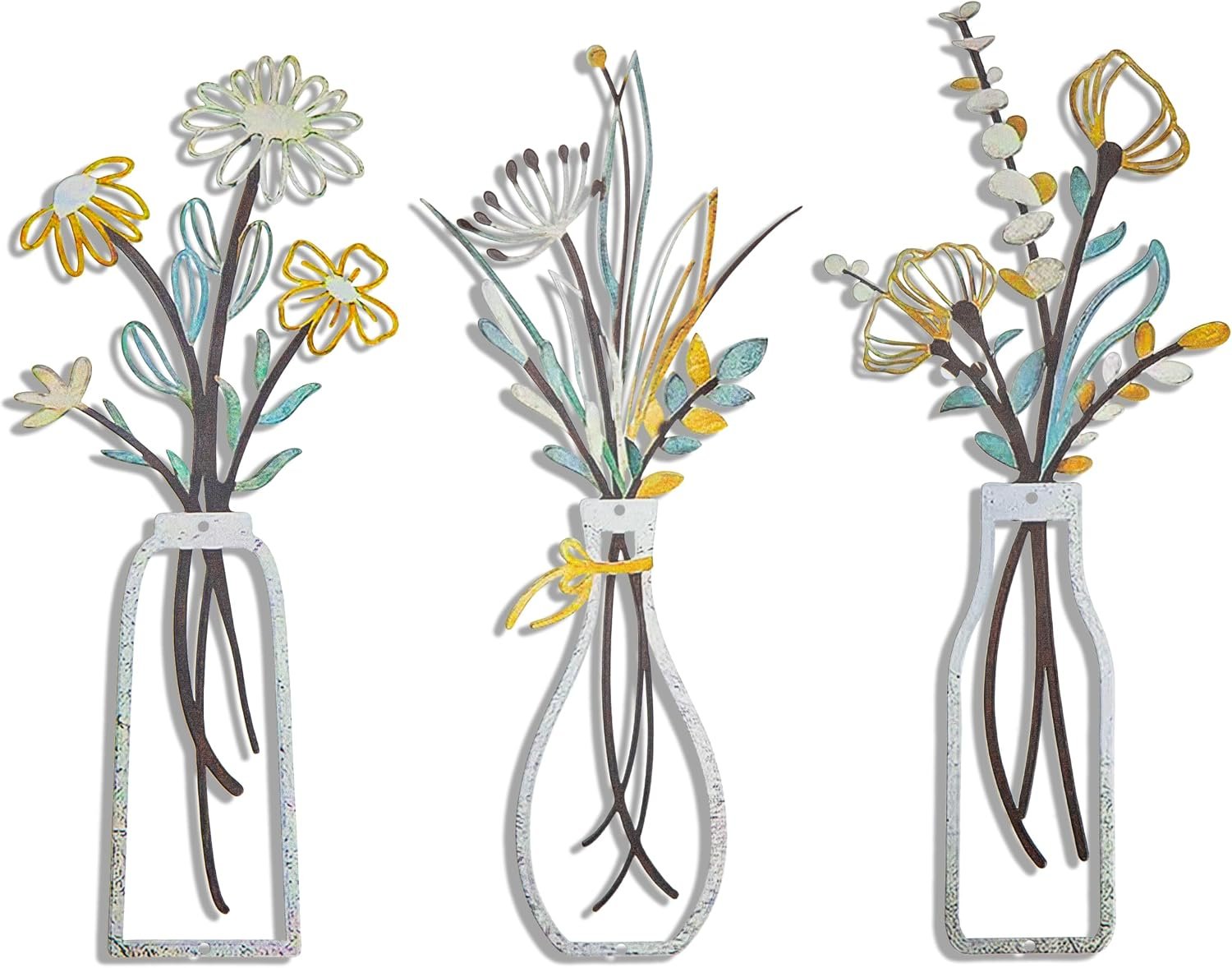 YAKii 3 Pieces Metal Flowers Wall Decor Metal Vase Wall Art Minimalist Floral Wall Sculpture Hanging for Living Room Bathroom Bedroom Kitchen Dining Room Perfect Housewarming Gifts(Beige Gold)